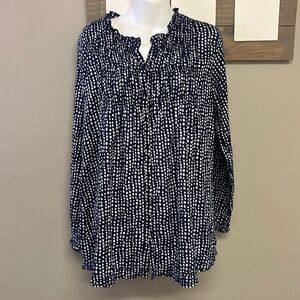 Lola Australia Navy Abstract Dotted Cotton Button Down V-Neck Ruffled Tunic- Lrg